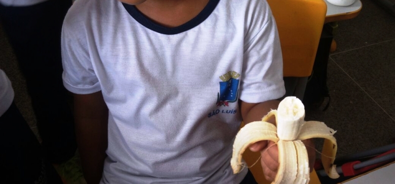 Estudante mostra sua banana recebida como lanche nas escolas de São Luís e Holandinha viaja pelo Maranhão
